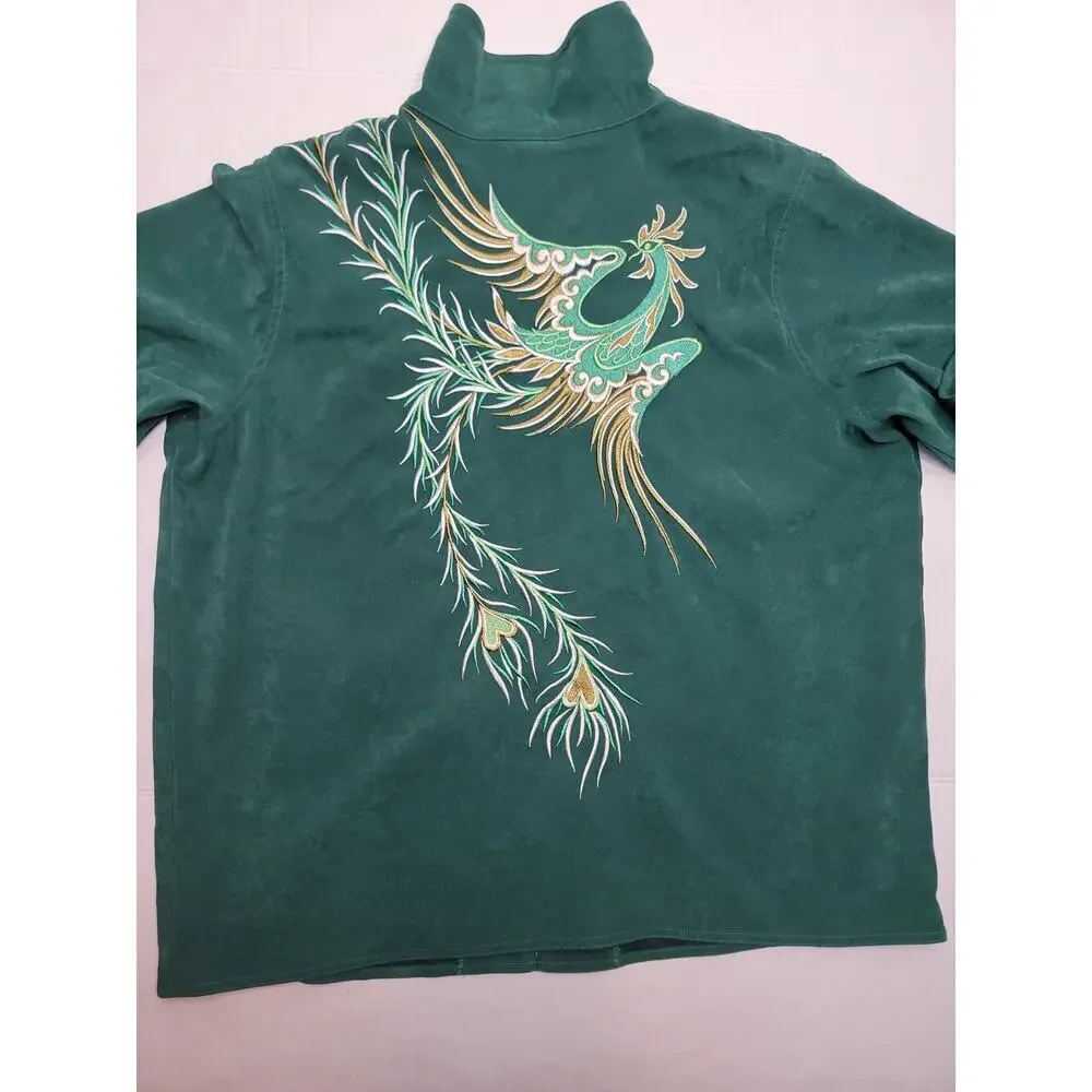 VTG 90s Bob Mackie 1X Wearable Art Embroidered Phoenix Jacket Green Faux Suede